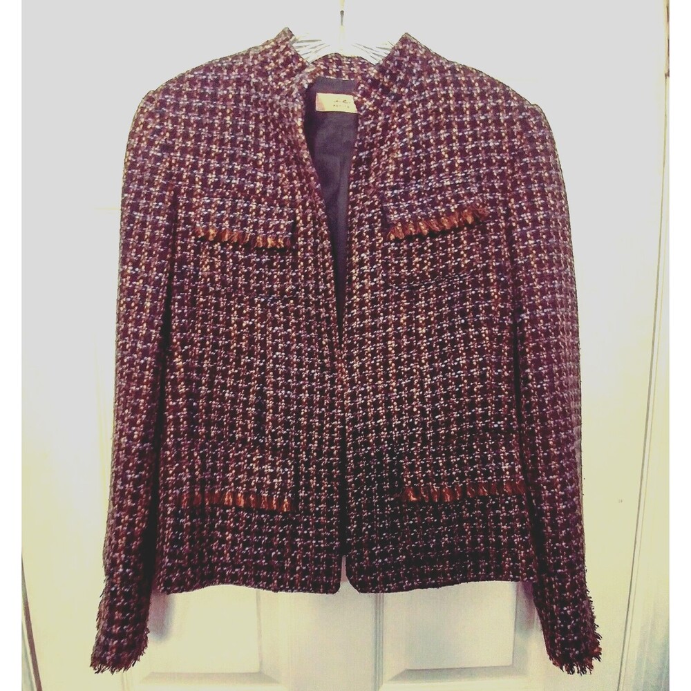 Twee Women's Jacket Knit 6 Petite Brown Blue Blazer Fringe Trim Pockets 90s